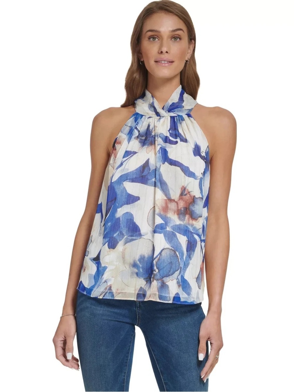 Dkny Blue White and Brown Abstract Print Halter Blouse women’s size small